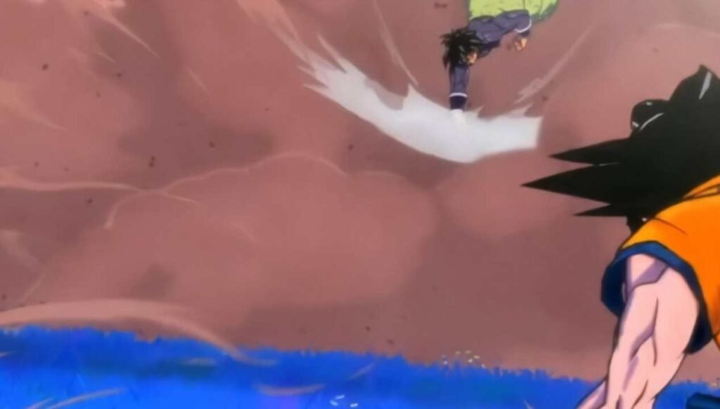 Broly entrenado con Goku en lo que parece ser el planeta de Bills