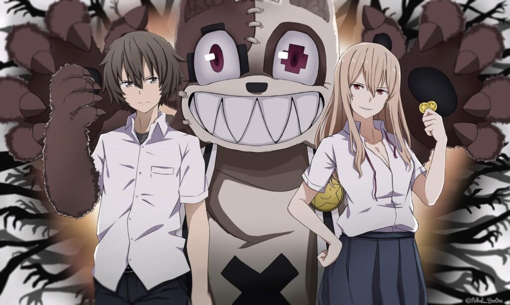 Shuichi junto con su compañera y el monstruo en el que se convierte