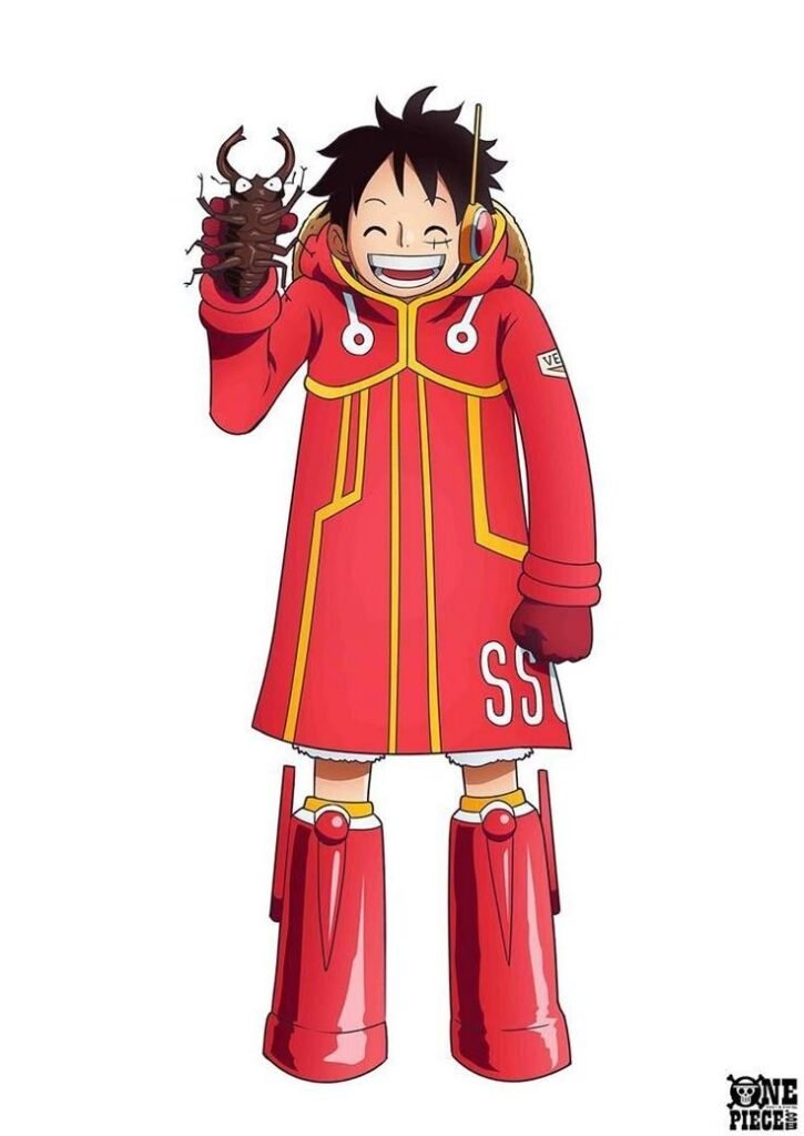 Monkey D. Luffy en egghead con un escarabajo en la mano 