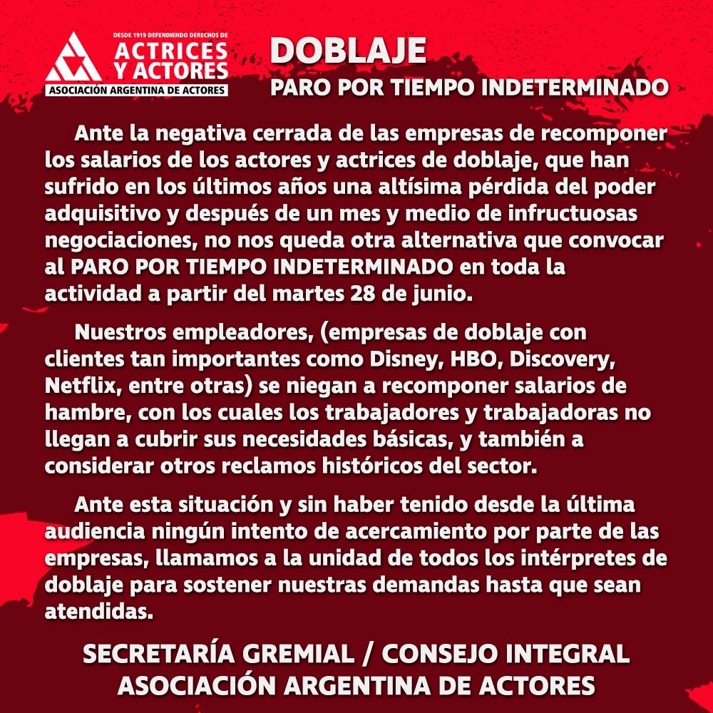 Paro de actores de doblaje - comunicado