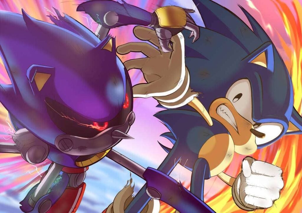 Metal Sonic y Sonic peleando