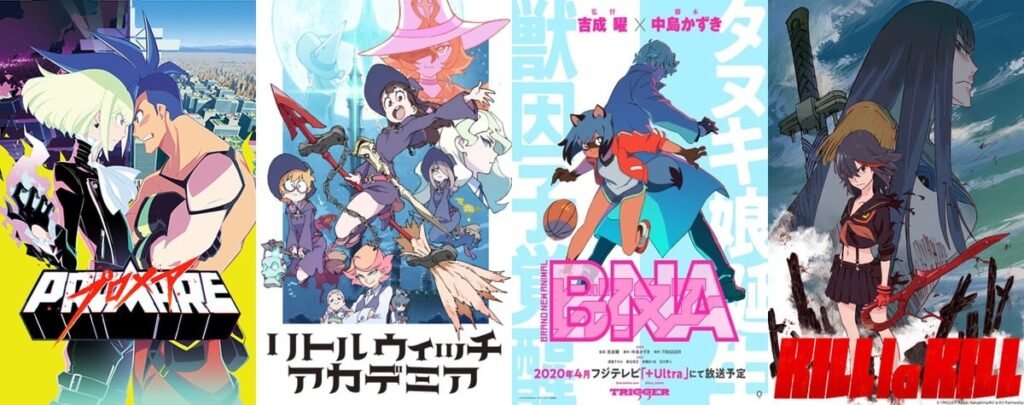 Posters promocionales de proyectos de Studio Trigger; Promare, Little Witch Academia, BNA: Brand New Animal y Kill la Kill.