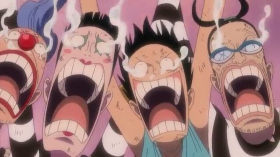 buggy, bentham, luffy, mr. 3 gritan de miedo juntos en impel down 