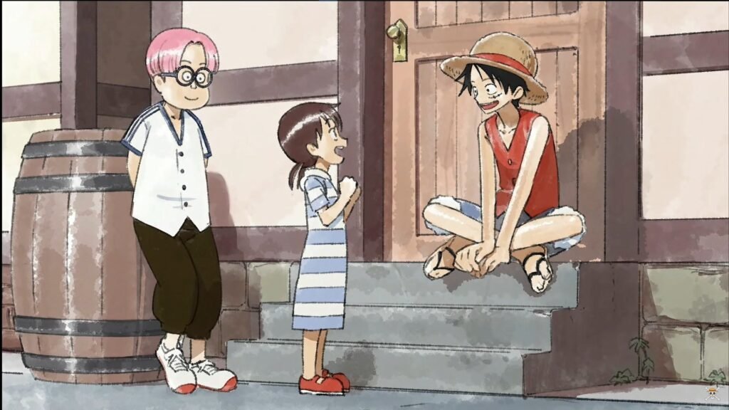 coby, niña y luffy en un pueblo, del remake de one piece