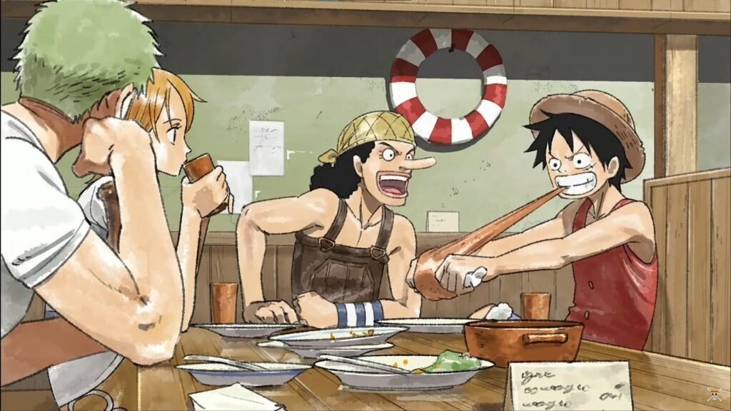 zoro, nami, usopp y luffy en un bar comiendo 