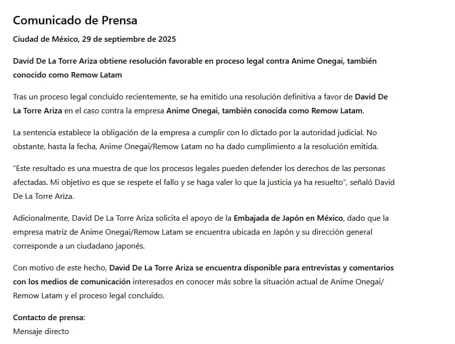 Comunicado de prensa, sobre el caso de David De La Torre Ariza contra Anime Onegai (Remow Latam)