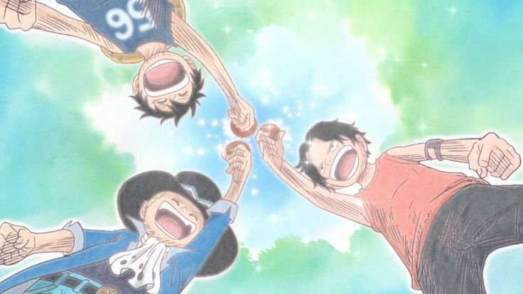 luffy, sabo y ace brindan con copas de sake