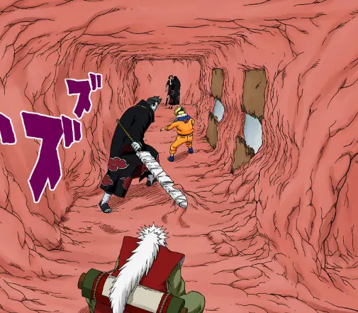 Jiraiya encierra en el estomago de un sapo a Itachi y Kisame 