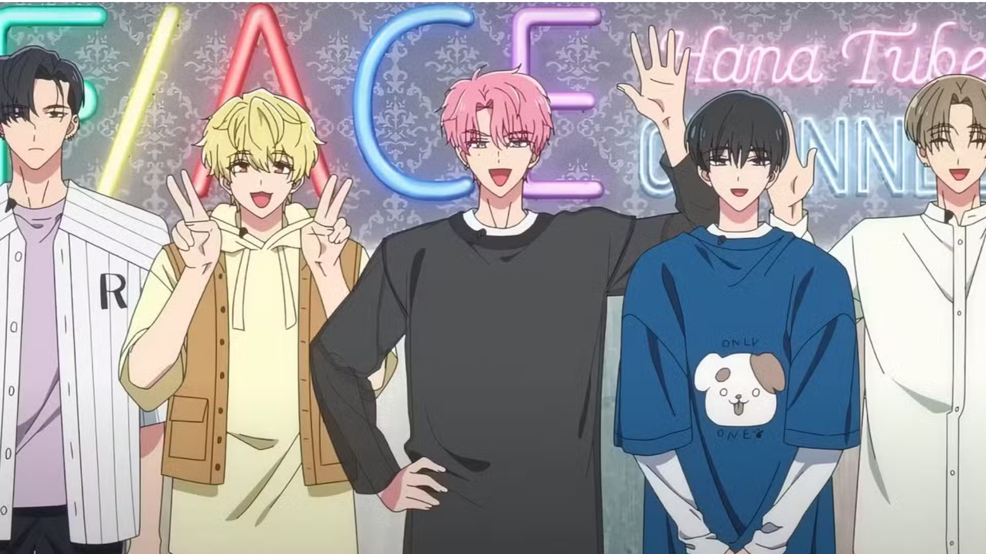 Rintaro, Natsuki, Tamon, Ouri y Keito, miembros de F/ACE saludando al público