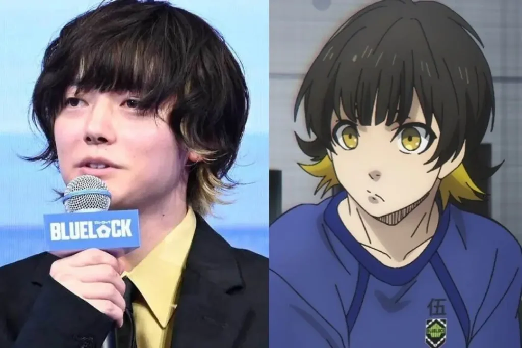 El actor Kaito Sakurai con un microfono y al lado la imagen de Bachira del anime