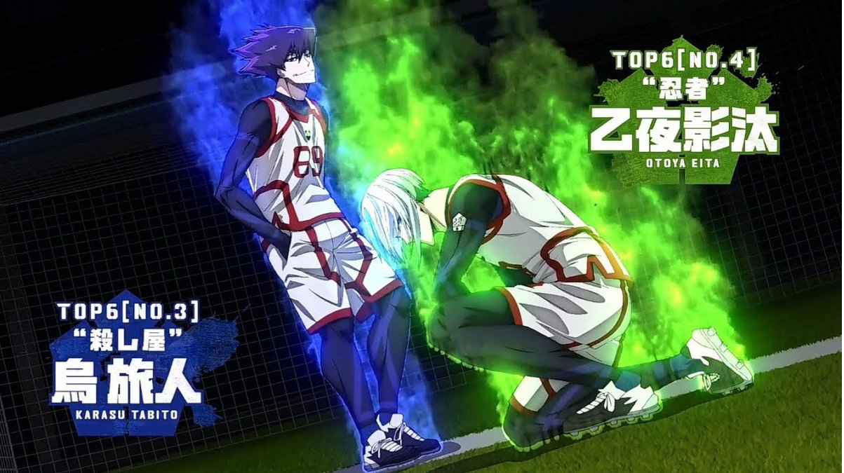 Karasu y Otoya rodeado de llamas azules y verdes 